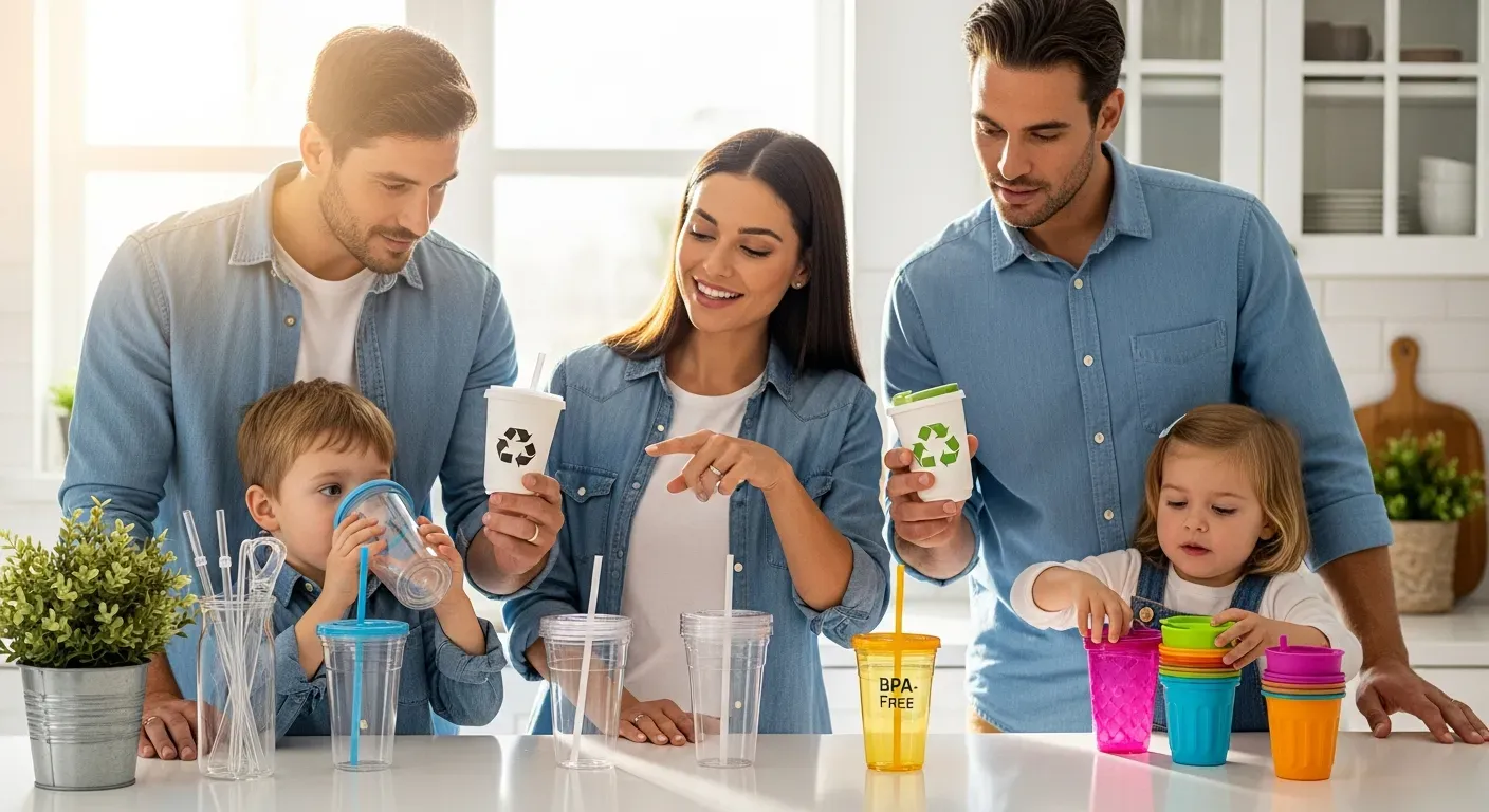 Gelas plastik food-grade dengan label BPA-free dan kode daur ulang PP nomor 5 di bagian bawah