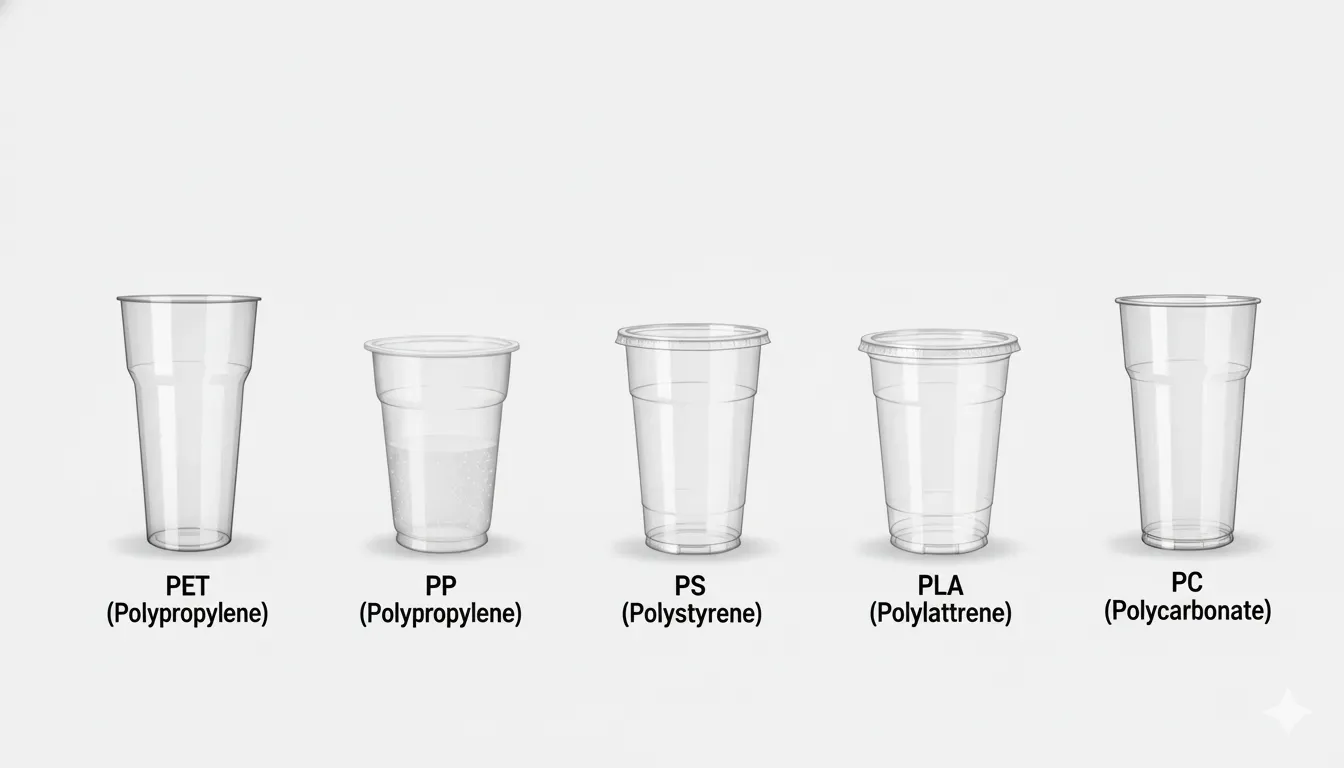 Lima jenis gelas plastik PP, PET, PS, HDPE, dan PLA berjejer dengan label material masing-masing