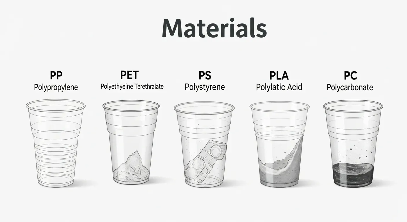 Perbandingan lima material cup plastik PP PET PS PLA PC untuk bisnis minuman