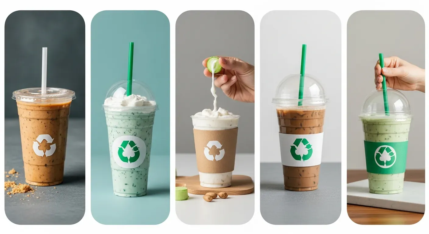 Perbandingan material ramah lingkungan untuk cup plastik termasuk PLA bioplastik dan rPET daur ulang